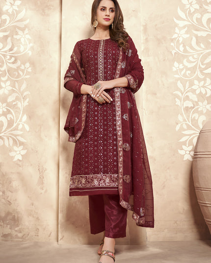 Magnetic Maroon Georgette Embroidered Trouser Kameez Set