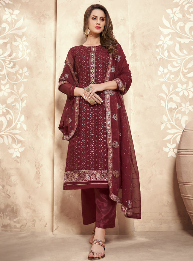 Magnetic Maroon Georgette Embroidered Trouser Kameez Set