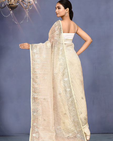 Cream Jacquard Embroidered Designer Wedding Saree