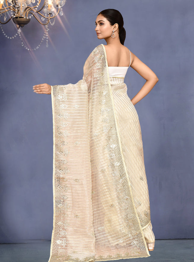Cream Jacquard Embroidered Designer Wedding Saree