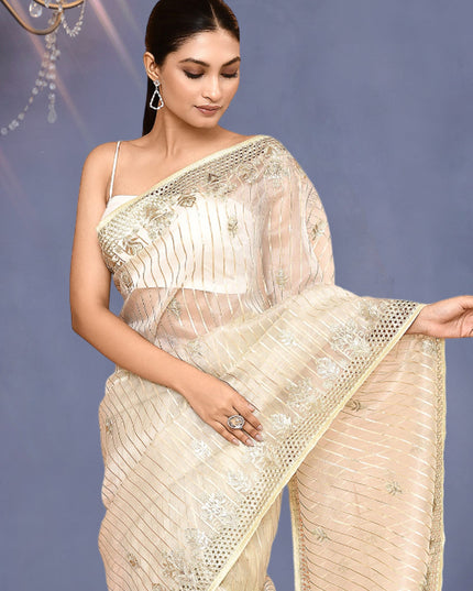 Cream Jacquard Embroidered Designer Wedding Saree
