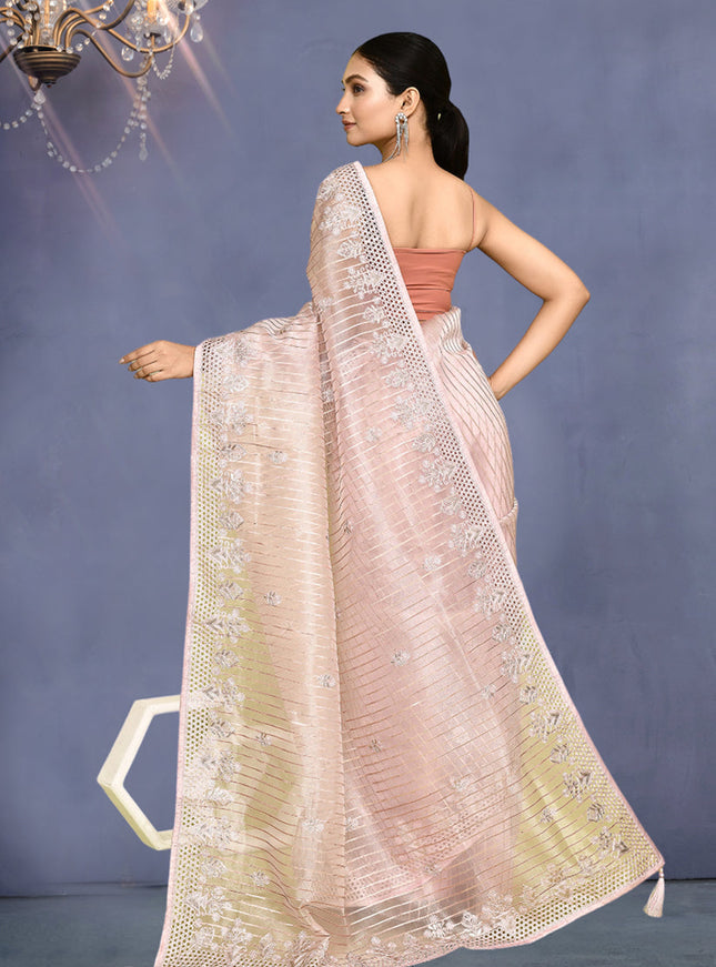 Blush Pink Jacquard Embroidered Designer Wedding Saree