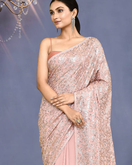 Blush Peach Georgette Sequins Embroidered Wedding Saree