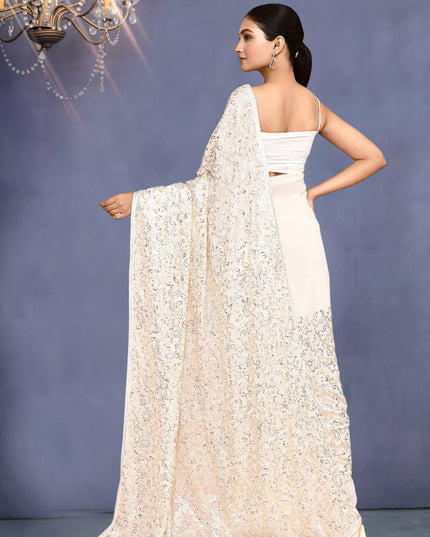 Pearl White Georgette Sequins Embroidered Wedding Saree