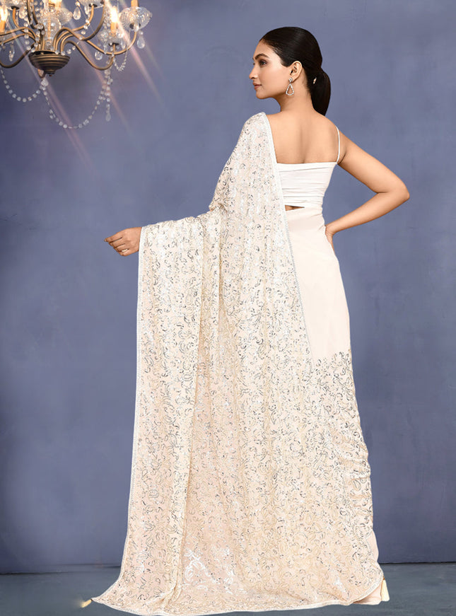 Pearl White Georgette Sequins Embroidered Wedding Saree