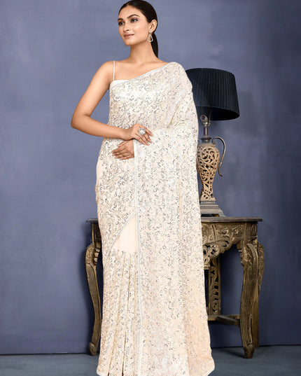 Pearl White Georgette Sequins Embroidered Wedding Saree