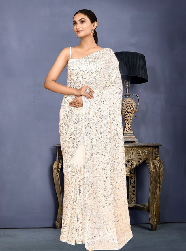 Pearl White Georgette Sequins Embroidered Wedding Saree