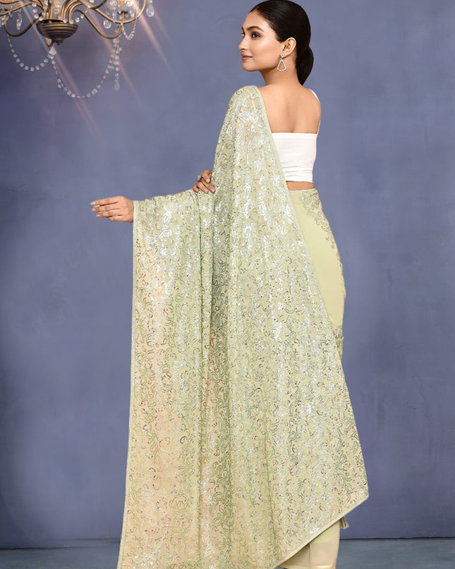 Pastel Green Georgette Sequins Embroidered Wedding Saree