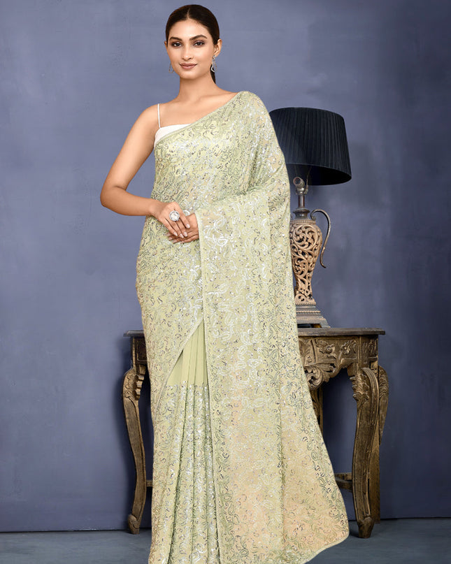 Pastel Green Georgette Sequins Embroidered Wedding Saree