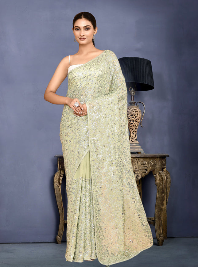Pastel Green Georgette Sequins Embroidered Wedding Saree