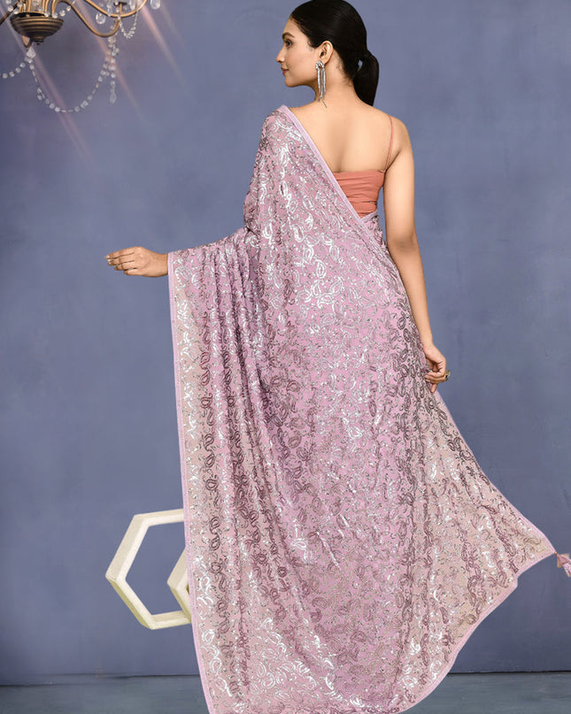 Lilac Pink Georgette Sequins Embroidered Wedding Saree