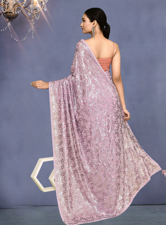 Lilac Pink Georgette Sequins Embroidered Wedding Saree