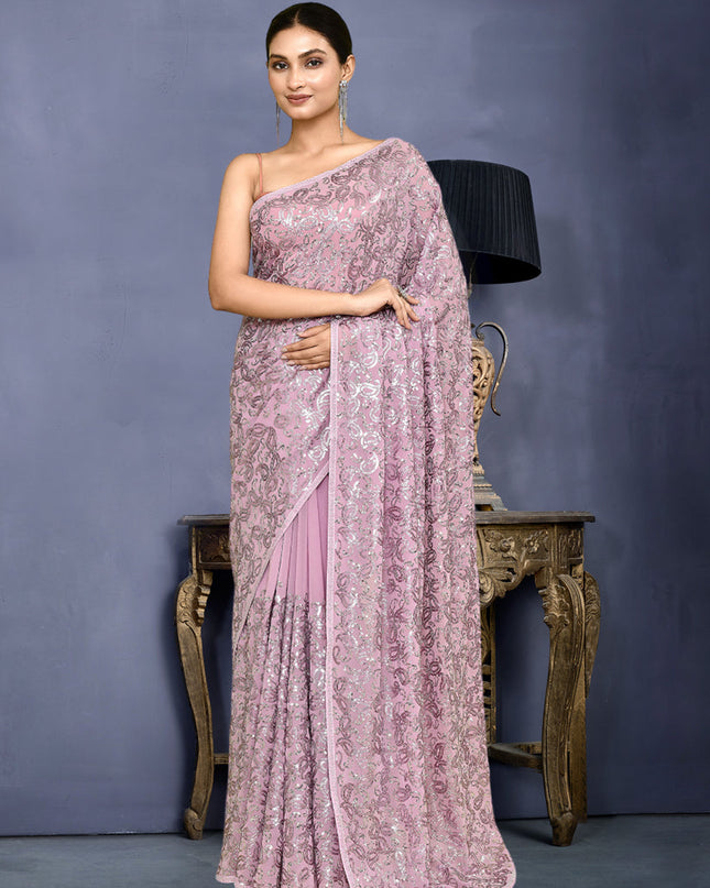 Lilac Pink Georgette Sequins Embroidered Wedding Saree