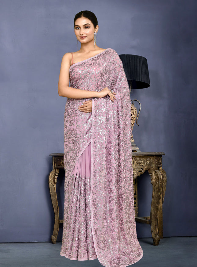 Lilac Pink Georgette Sequins Embroidered Wedding Saree