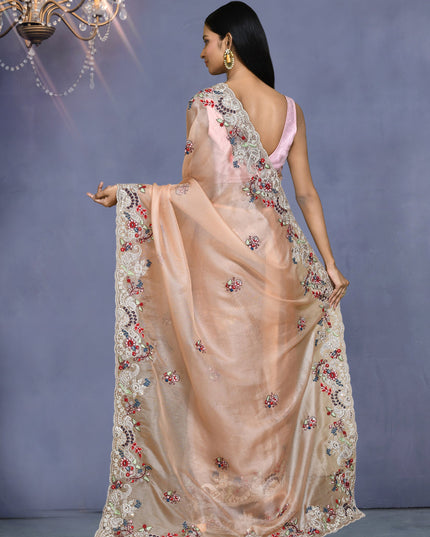 Peach Net Satin Silk Embroidered Saree