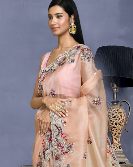 Peach Net Satin Silk Embroidered Saree