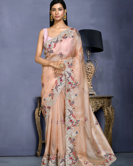Peach Net Satin Silk Embroidered Saree