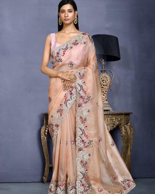 Peach Net Satin Silk Embroidered Saree