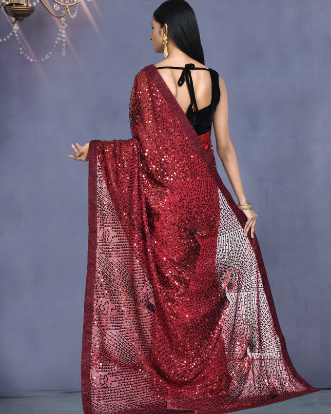 Maroon Silk Sequins Embroidered Saree