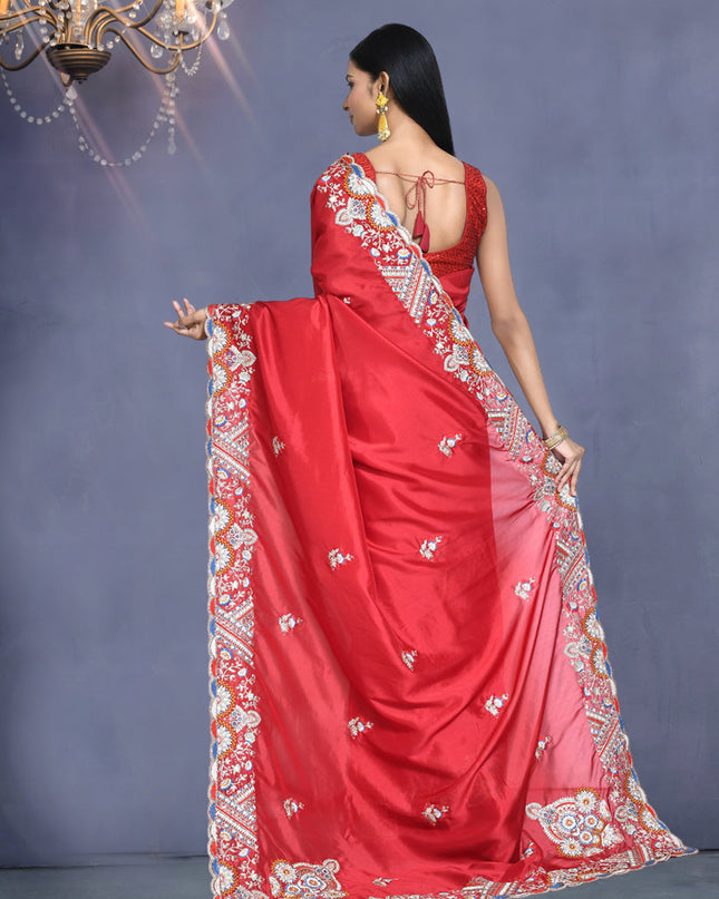 Candy Red Crepe Silk Sequins Embroidered Saree