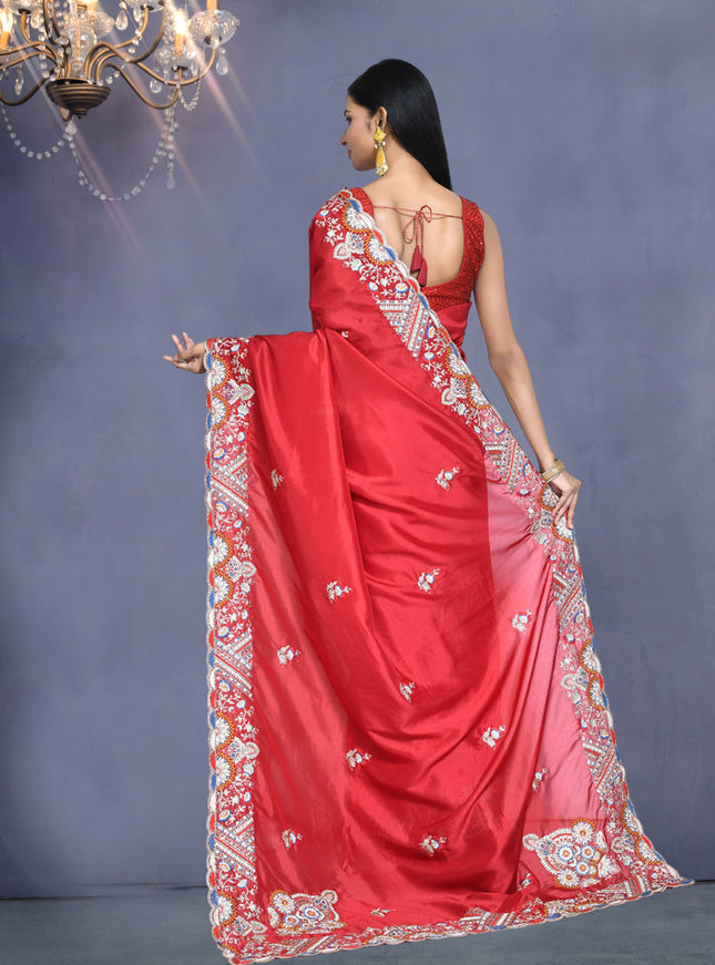Candy Red Crepe Silk Sequins Embroidered Saree