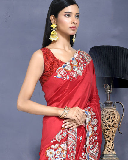 Candy Red Crepe Silk Sequins Embroidered Saree