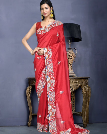 Candy Red Crepe Silk Sequins Embroidered Saree
