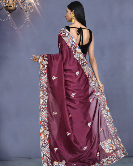 Burgundy Crepe Silk Sequins Embroidered Saree