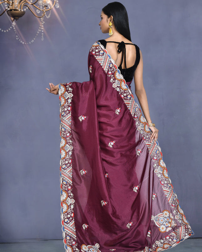 Burgundy Crepe Silk Sequins Embroidered Saree