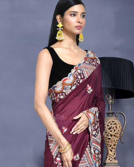 Burgundy Crepe Silk Sequins Embroidered Saree