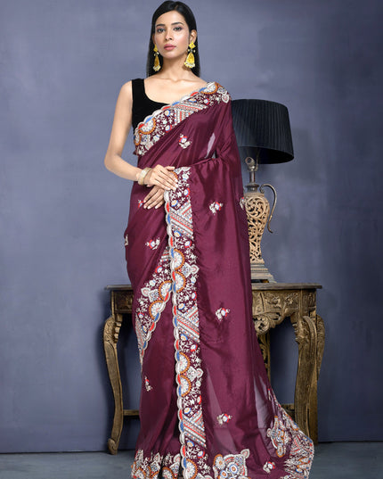 Burgundy Crepe Silk Sequins Embroidered Saree