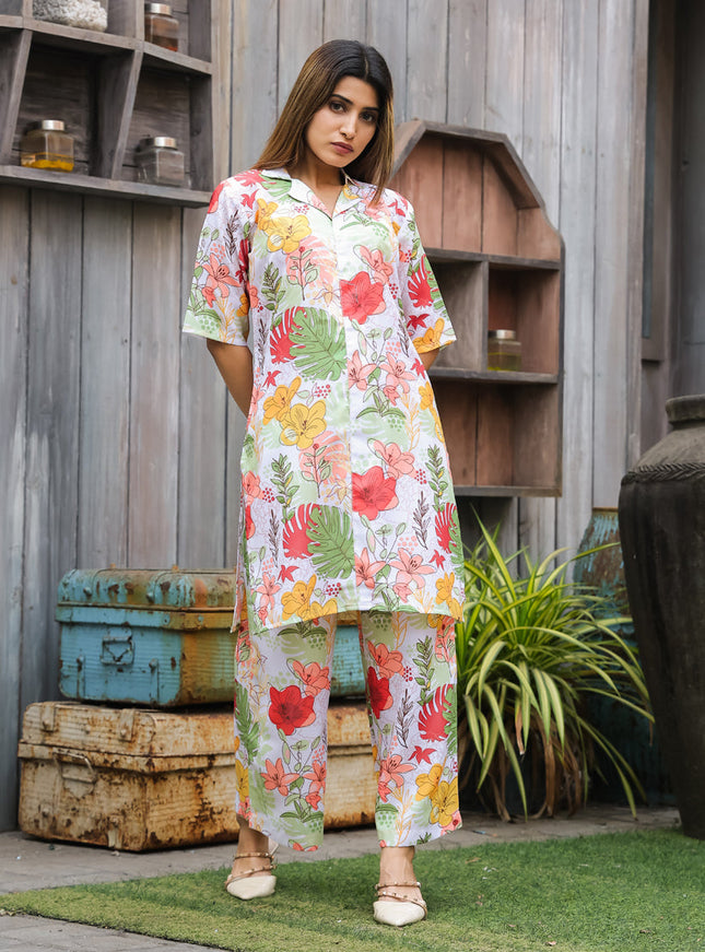 Off White Floral Printed Co-Ord Set