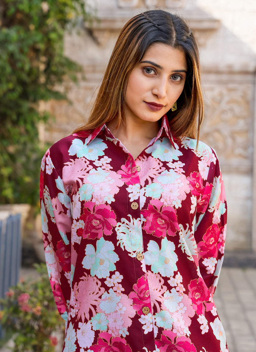 Maroon Floral Printed Co-Ord Set