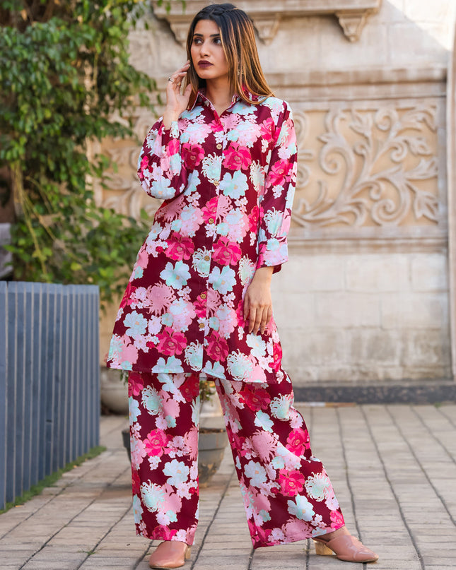 Maroon Floral Printed Co-Ord Set