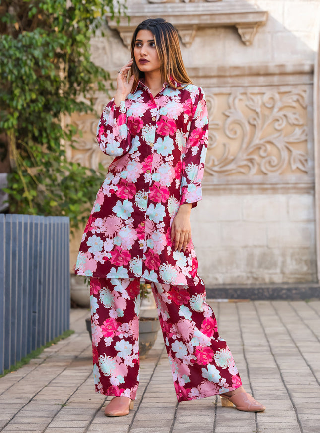 Maroon Floral Printed Co-Ord Set