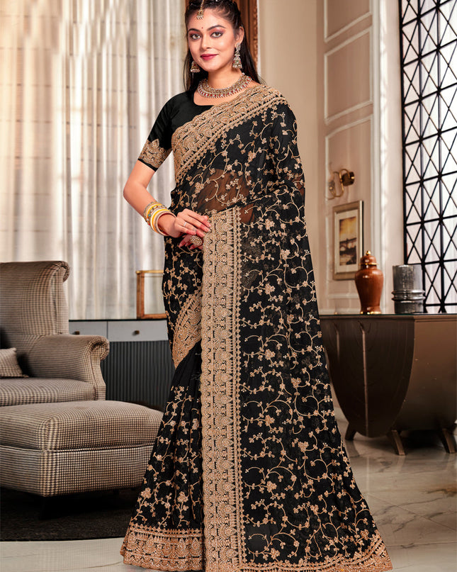 Black Georgette Heavy Embroidered Saree