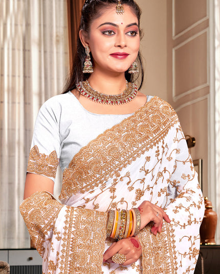 White Georgette Heavy Embroidered Saree
