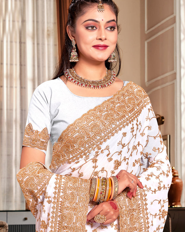 White Georgette Heavy Embroidered Saree