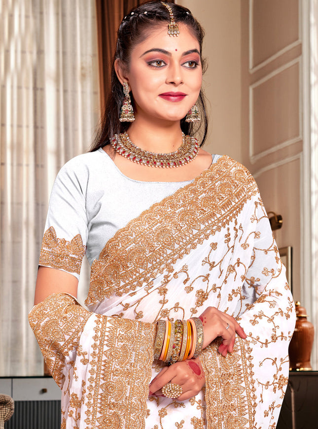 White Georgette Heavy Embroidered Saree