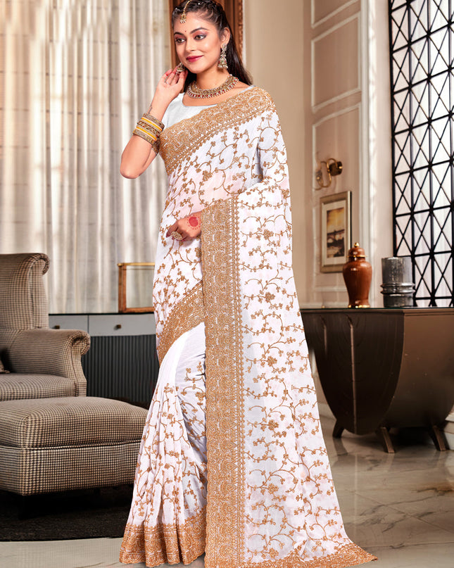 White Georgette Heavy Embroidered Saree