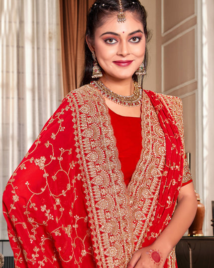 Hot Red Georgette Heavy Embroidered Saree