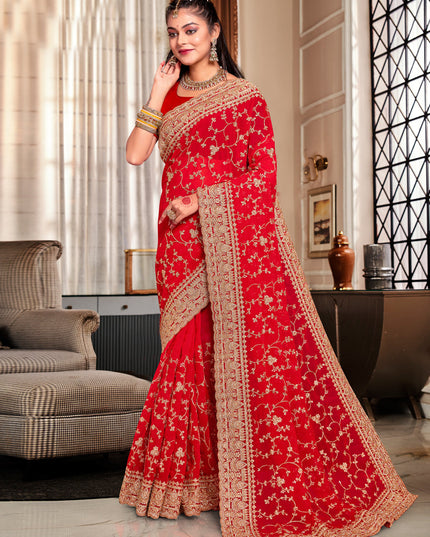 Hot Red Georgette Heavy Embroidered Saree