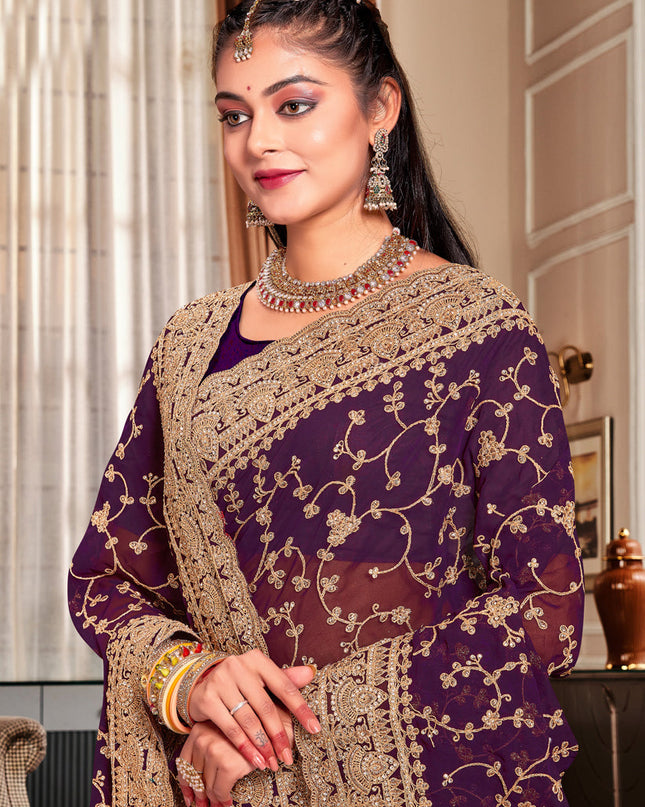 Burgundy Georgette Heavy Embroidered Saree