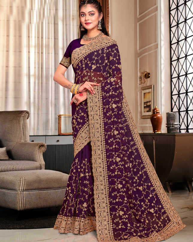 Burgundy Georgette Heavy Embroidered Saree