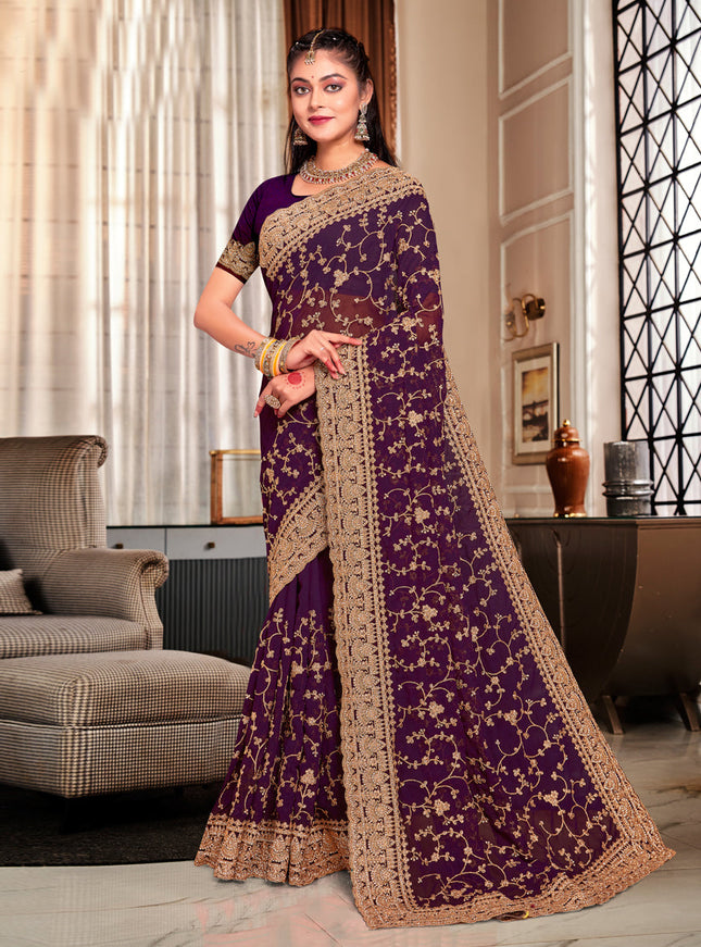 Burgundy Georgette Heavy Embroidered Saree