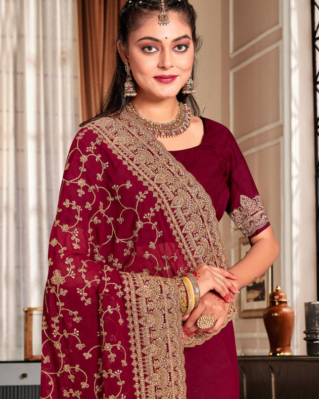 Maroon Georgette Heavy Embroidered Saree
