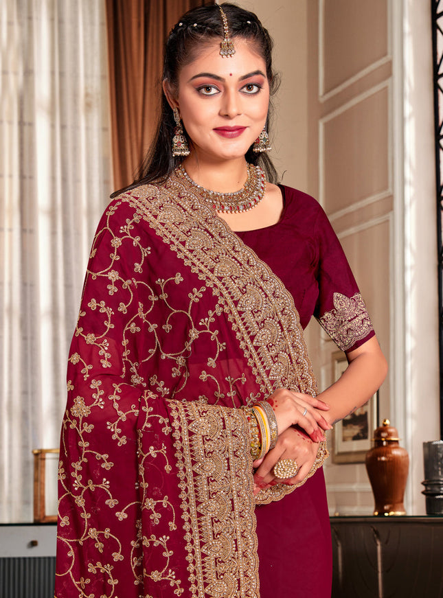 Maroon Georgette Heavy Embroidered Saree