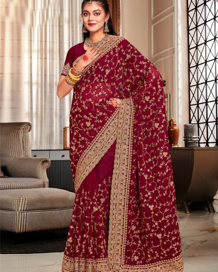 Maroon Georgette Heavy Embroidered Saree