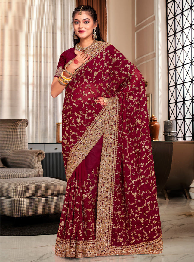 Maroon Georgette Heavy Embroidered Saree