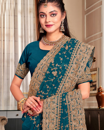 Peacock Blue Georgette Heavy Embroidered Saree